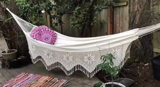 Cotton Woven Balcony 2 Person Nylon Hammock Weave Patio Chair With Crochet Fringe